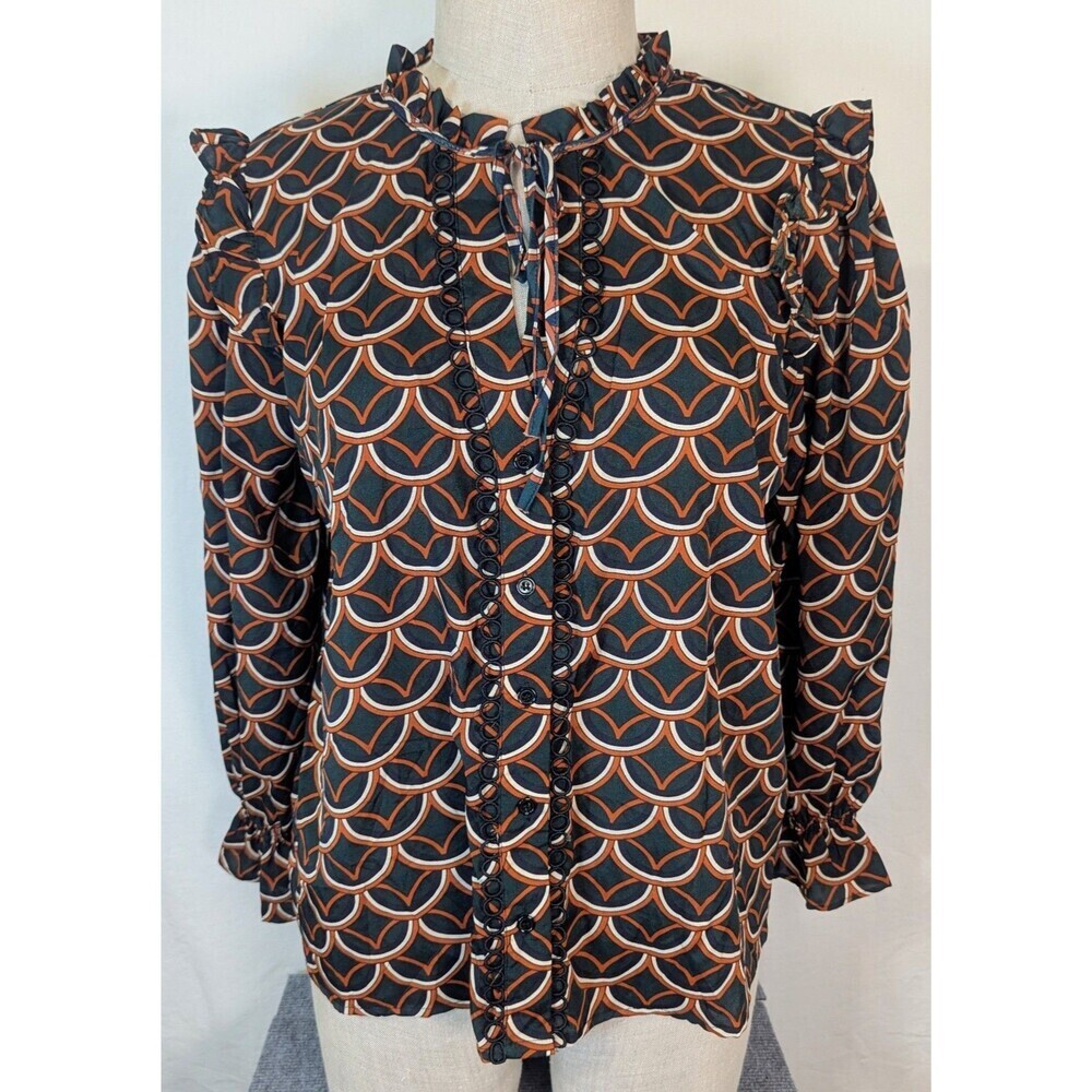 Alice Blue Scallop Print Blouse Ruffle Shoulder Button Front Tie Neck Top 1X - Picture 1 of 9